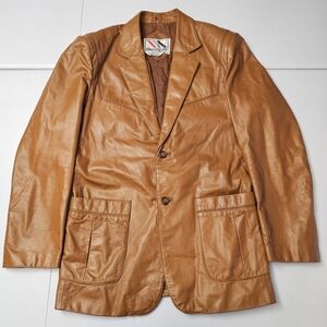 Vintage 70's Men's Size 40 Chess King 2 Button Leather Jacket Tan Brown Overcoat